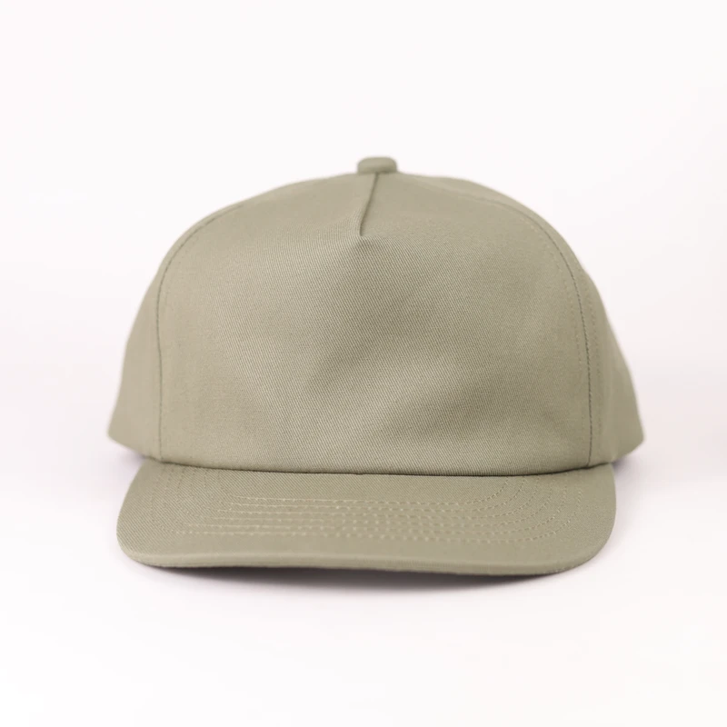Khaki compact-brim cap with an undecorated crown, front view