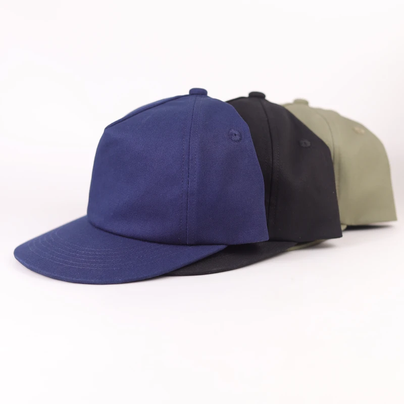 Blue, black and khaki blank cap references showing crown and visor proportions