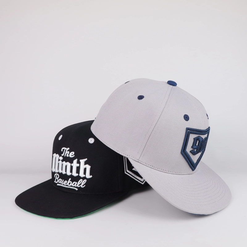 Black and light grey flat-brim caps with contrasting dimensional front lettering